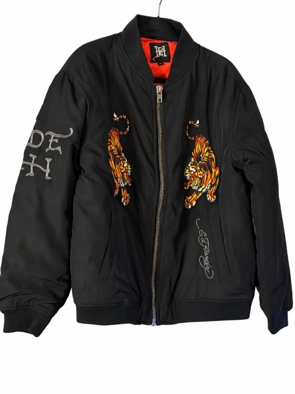 Ed Hardy Tiger Embroidered Bomber Jacket Black Red Lining Size S Streetwear, New
